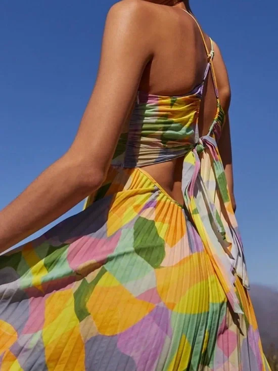 NWT ASTR the Label Blythe Floral Midi Dress yellow lilac abstract Sz M - Picture 3 of 11